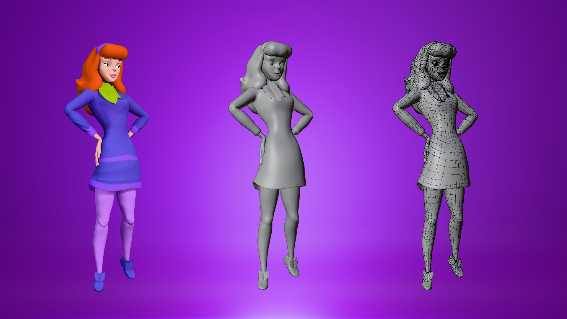 Daphne 3D character model render views - final - clay - wireframe